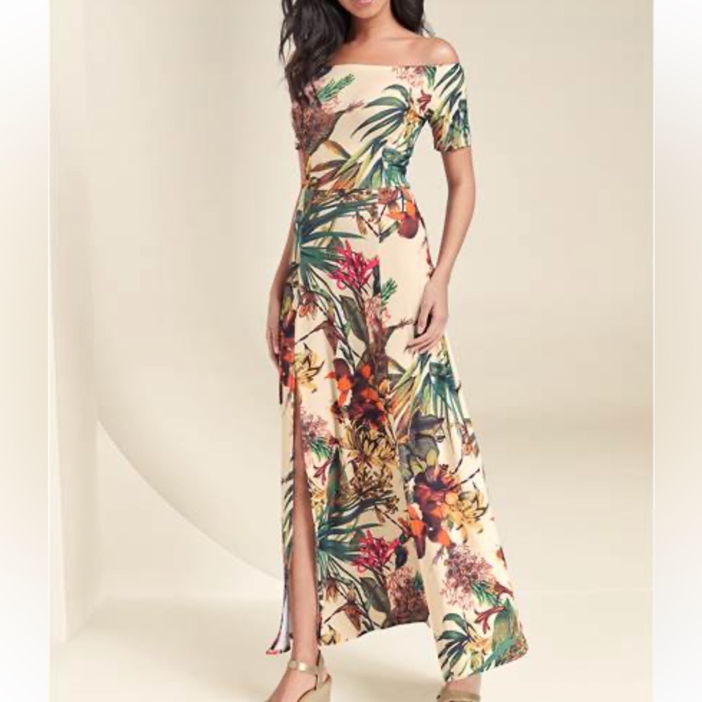 Venus off shoulder maxi dress palm tropical m